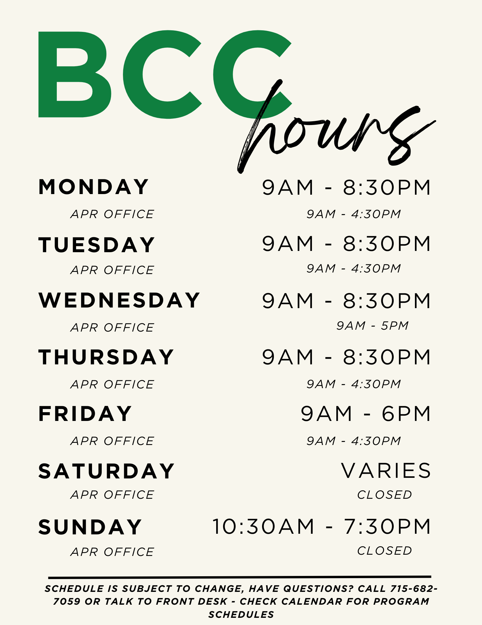 BCC Operating Hours