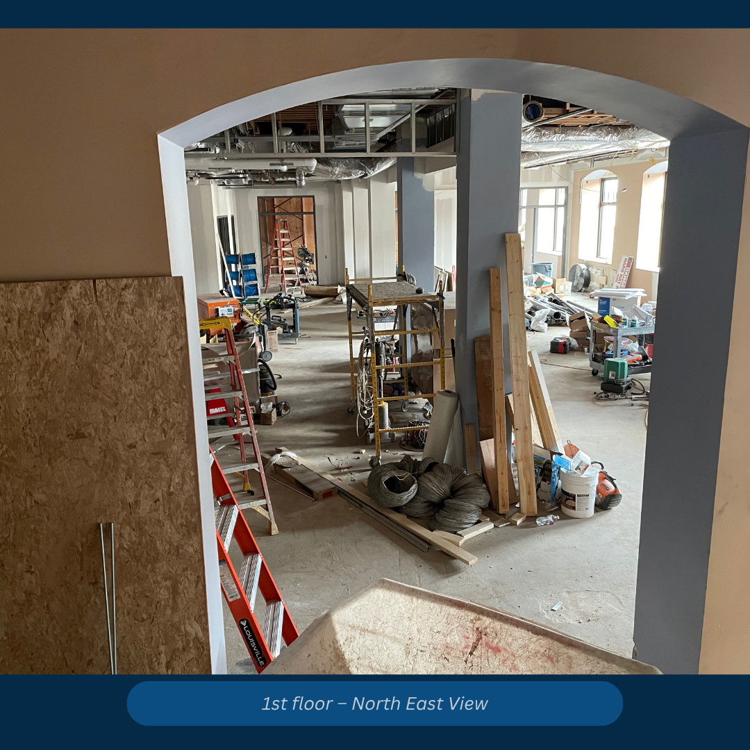 1st Floor North East View of work area including tools, materials, and ladders.
